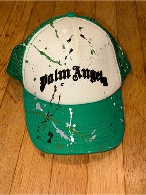 [AUTHENTIC] Palm Angels Green and White Paint-Splatter Trucker Cap
